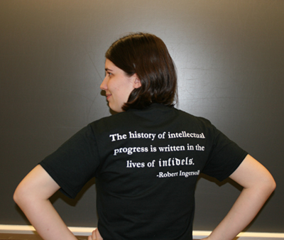 Jen McCreight offers a view of the official club shirt worn by the Society of Non-Theists at Purdue University.